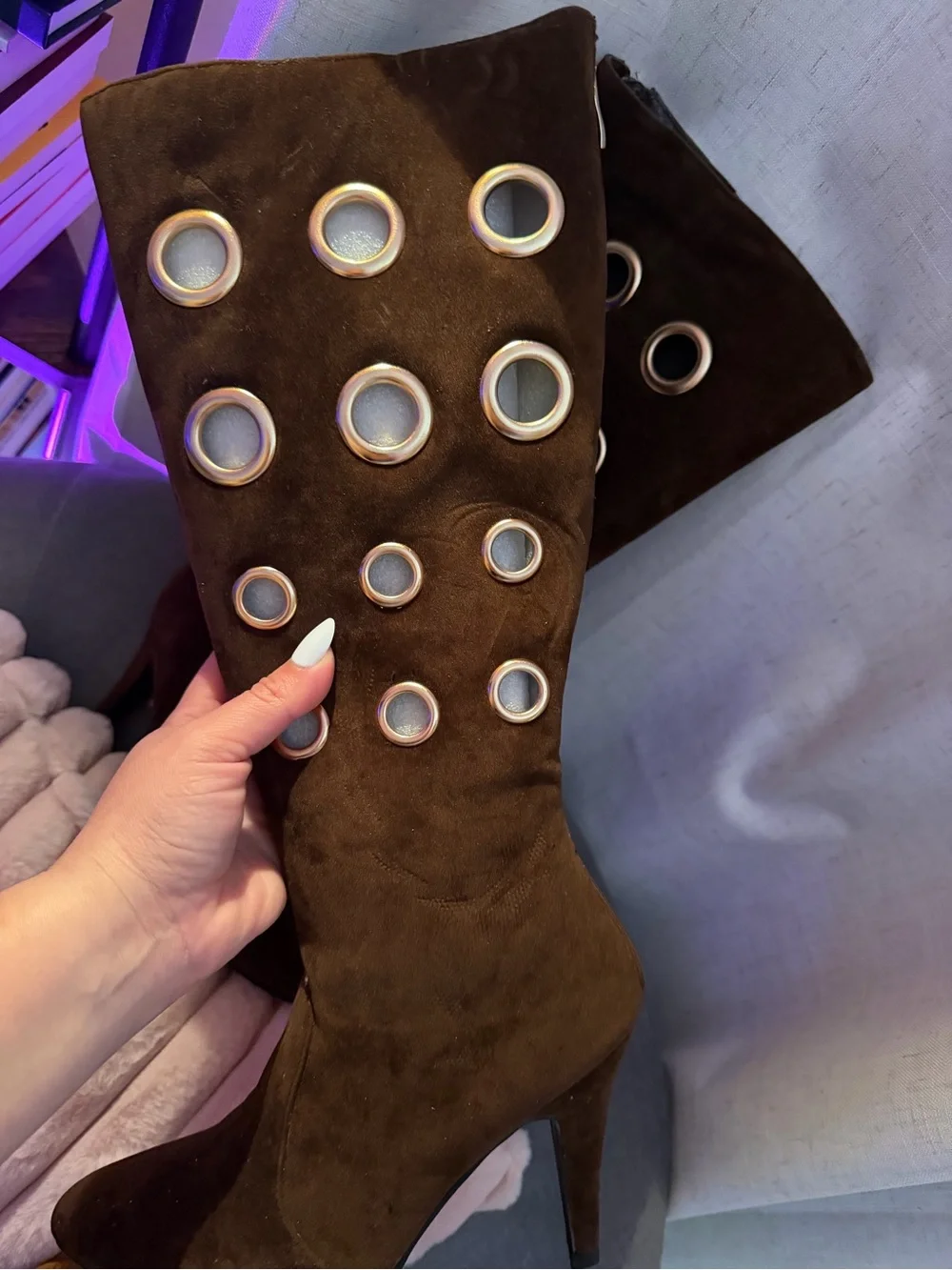 Women's Tall Suede Grommet Boot in Dark Brown